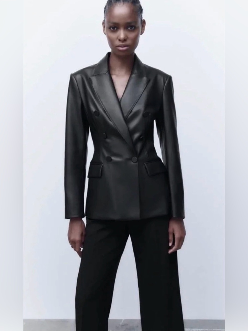 ZARA Black Faux Leather Double-Breasted Blazer